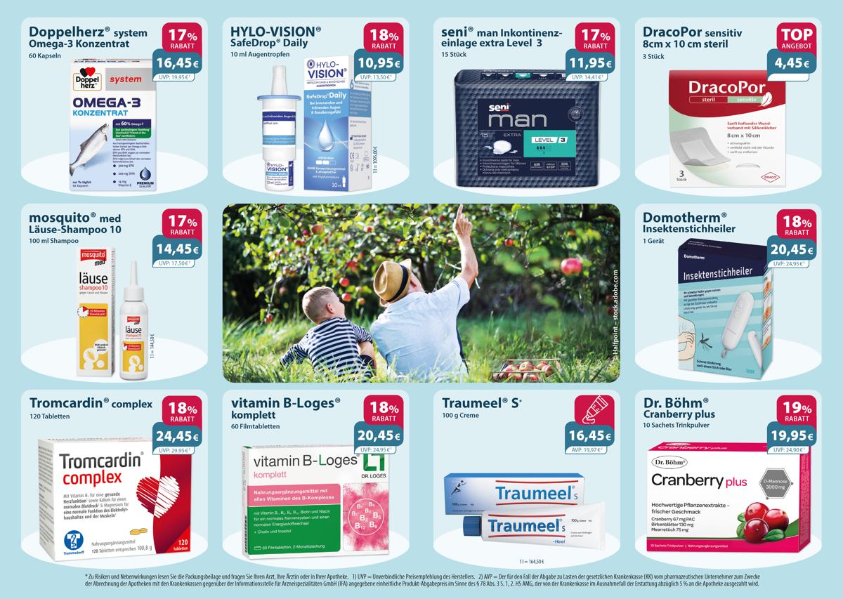 Aktuelle Monatsangebote Ihrer Apotheke Monatlicher Angebotsflyer der Apotheke mit Informationen zu Öffnungszeiten, Leistungen, Aktionen und wechselnden Produkten aus Gesundheit und Pflege.